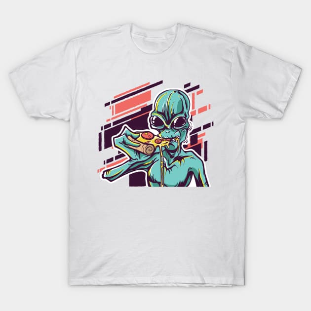 Alien Eating Pizza T-Shirt by David Schueller